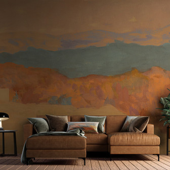 Fototapet abstract cu design artistic în tonuri calde de maro și accente de verde