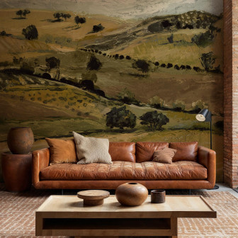 Tapet cu peisaj galben într-un living modern