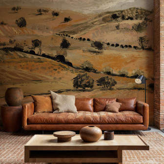 Fototapet cu peisaj în nuanțe de orange și maro într-un living elegant