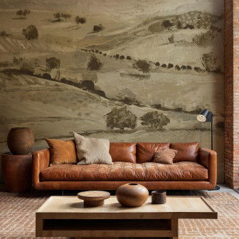 Tapet bej cu design peisagistic rural