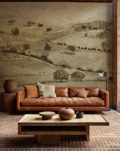 Tapet bej cu design peisagistic rural