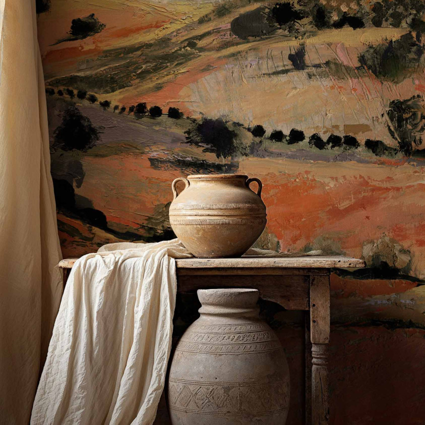 Tapet bej cu design peisagistic rural