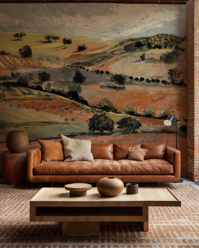 Tapet cu design geometric albastru într-o bucătărie modernă