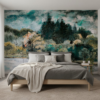 Fototapet Clouded Forest Peaks - personalizat, aplicat pe peretele din spatele patului într-un dormitor modern, cu peisaj artistic de pădure învăluită în ceață și tonuri de verde, turcoaz și auriu.