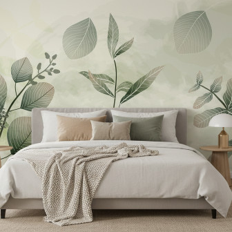 Fototapet personalizat Verdant Tropic Canopy cu design de frunze verzi stilizate pe un perete de dormitor modern, cu pat dublu și oglindă, creând o atmosferă calmă și naturală.