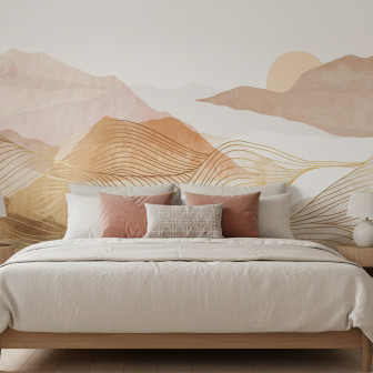 Dormitor modern decorat cu fototapet personalizat Golden Horizon Peaks, prezentând munți abstracti în nuanțe de teracotă și auriu, un pat bej și noptiere din lemn.