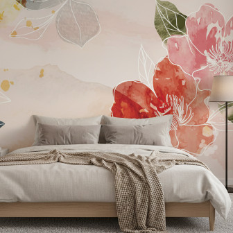 Dormitor modern decorat cu fototapet personalizat Watercolor Bloom Strokes, prezentând flori și frunze abstracte în acuarelă roz, roșu și verde pe un fundal deschis. Patul este gri deschis, cu o noptieră albă și o lampă de podea neagră.