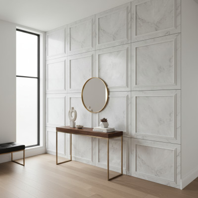 Panou MDF decorativ alb cu model de marmură și cadru sculptat