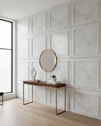 Panou MDF decorativ alb cu model de marmură și cadru sculptat