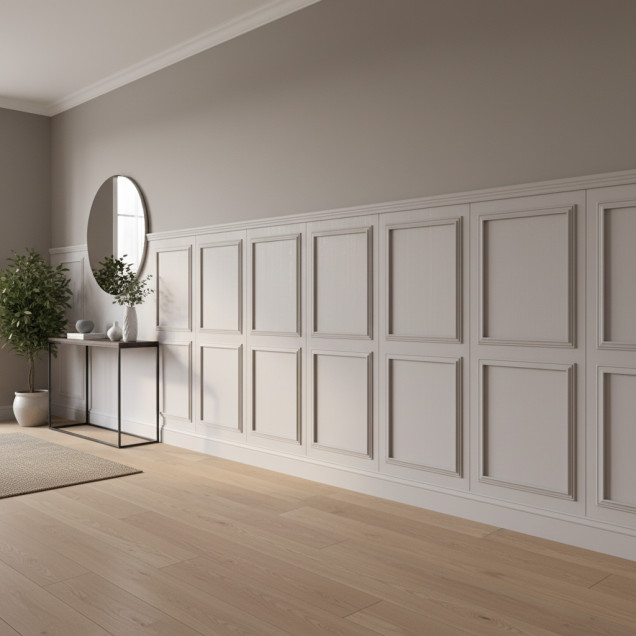 Panou decorativ MDF gri Moon, cu contururi clasice si textura subtila.