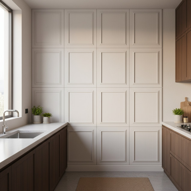 Panou decorativ MDF gri Moon, cu contururi clasice si textura subtila.