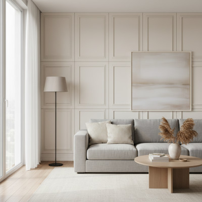 Panou MDF cu finisaj Linen White si textura structurata, cu un cadru dublu proeminent