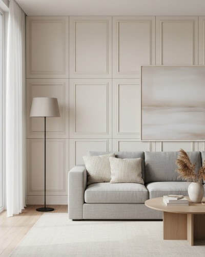 Panou MDF cu finisaj Linen White si textura structurata, cu un cadru dublu proeminent