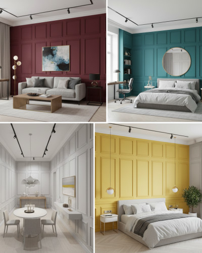 Panouri decorative MDF in diverse culori: visiniu, turcoaz, gri si galben.