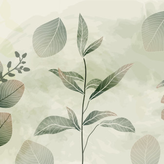 Fototapet personalizat Verdant Tropic Canopy cu design de frunze verzi stilizate pe un perete de dormitor modern, cu pat dublu și oglindă, creând o atmosferă calmă și naturală.