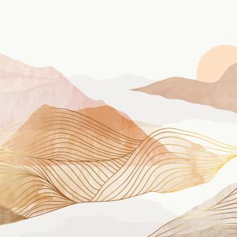 Dormitor modern decorat cu fototapet personalizat Golden Horizon Peaks, prezentând munți abstracti în nuanțe de teracotă și auriu, un pat bej și noptiere din lemn.