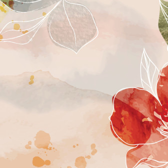 Dormitor modern decorat cu fototapet personalizat Watercolor Bloom Strokes, prezentând flori și frunze abstracte în acuarelă roz, roșu și verde pe un fundal deschis. Patul este gri deschis, cu o noptieră albă și o lampă de podea neagră.