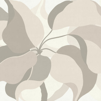 Fototapet cu motive florale abstracte in nuante de bej si gri, aplicat pe peretele unei bucatarii moderne