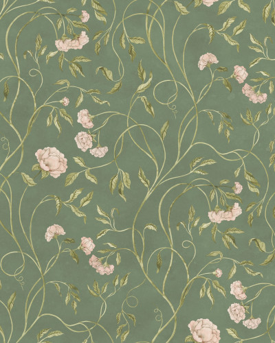 Tapet cu model floral de bujori roz și frunze verzi pe un fundal verde.