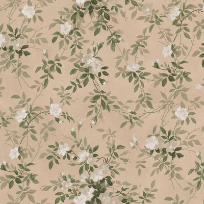 Tapet floral cu flori si frunze in nuante de piersica si verde pe un fundal cald, prezentat intr-un living modern.