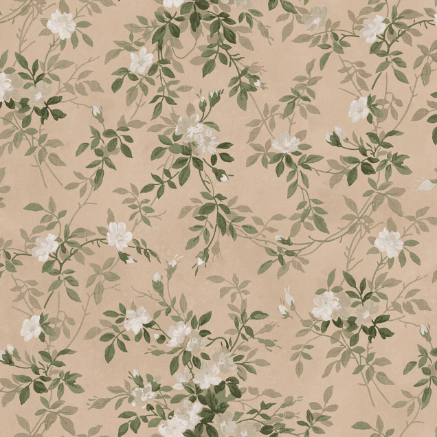 Tapet floral cu flori si frunze in nuante de piersica si verde pe un fundal cald, prezentat intr-un living modern.