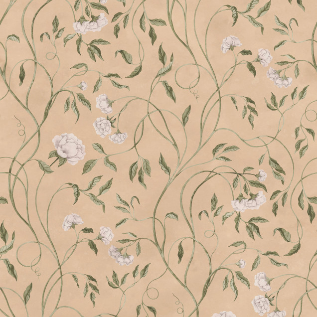 Tapet cu un model floral de bujori în nuanțe de caise și frunze verzi pe un fundal deschis, într-un living decorat cu o canapea din piele.