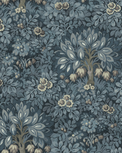 Tapet cu model floral albastru, reprezentând copaci înfloriți și frunziș luxuriant.