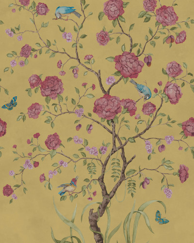 Fototapet Chinoiserie Botanica cu flori roz, păsări albastre și fluturi pe fundal galben-verzui