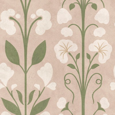 Tapet cu model floral delicat in nuante de roz si verde pe perete