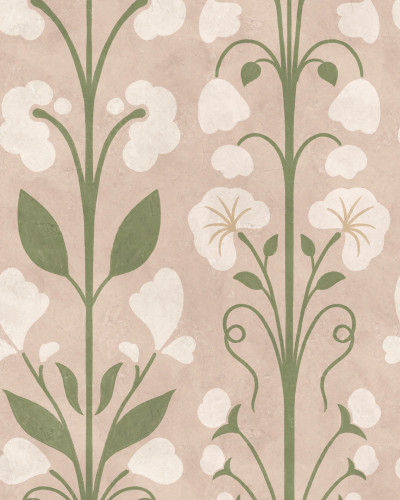 Tapet cu model floral delicat in nuante de roz si verde pe perete