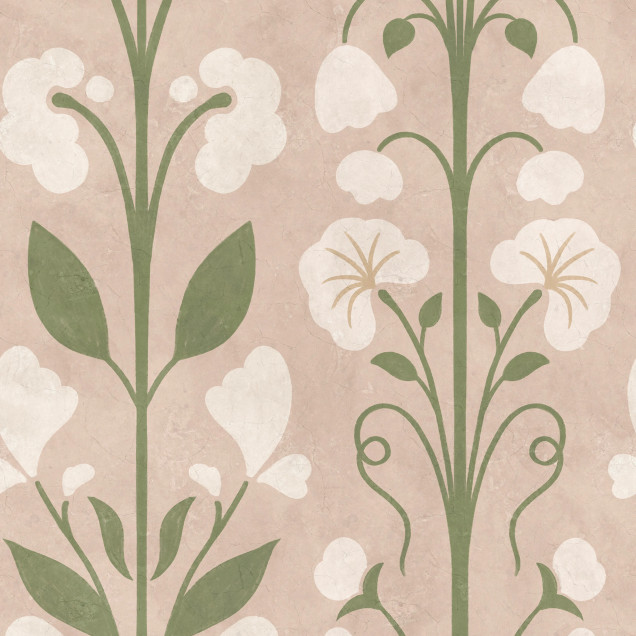 Tapet cu model floral delicat in nuante de roz si verde pe perete