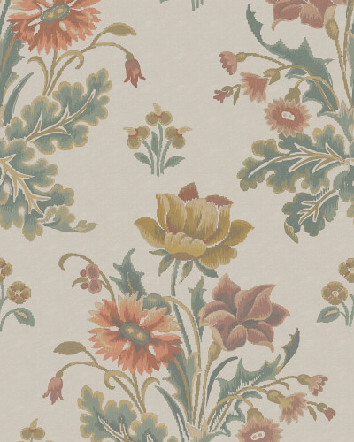 Tapet cu model floral Meadow Bouquet, beige, într-un hol elegant cu scări și un fotoliu