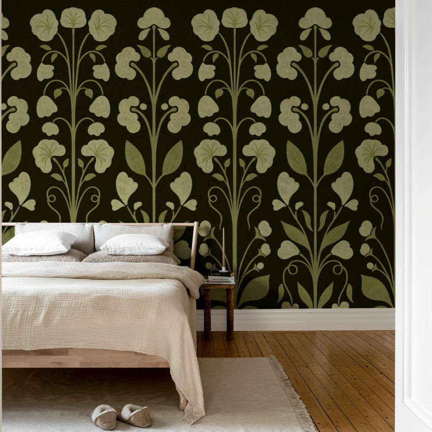 Tapet verde cu model floral folk