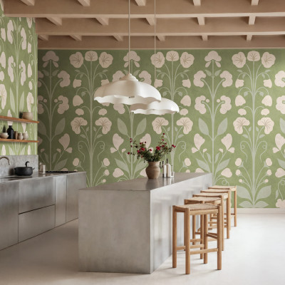 Tapet verde cu model floral folk