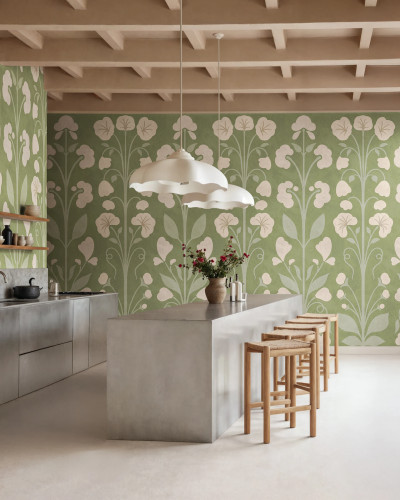 Tapet verde cu model floral folk
