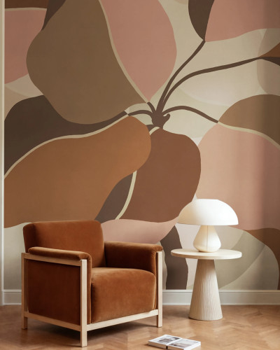 Fototapet cu design abstract de flori în nuanțe de roz, maro și bej, într-un living modern.