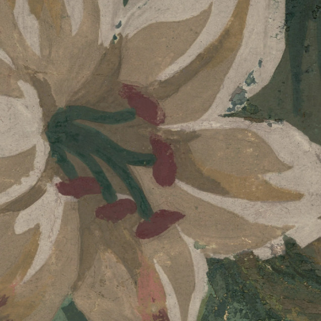 Tapet cu un design floral bogat, predominant verde și roșu, aplicat pe pereții unei bucătării moderne
