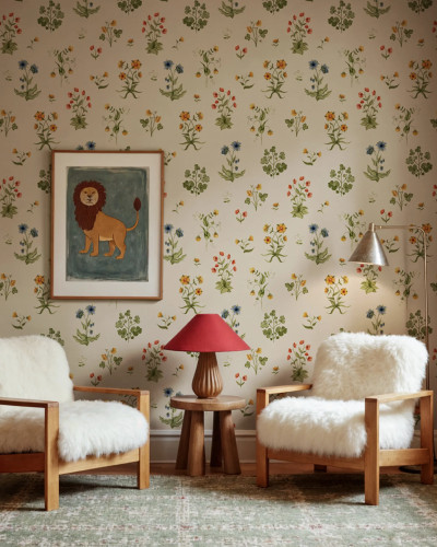 Tapet cu flori mici colorate pe fond bej, într-un living cosy