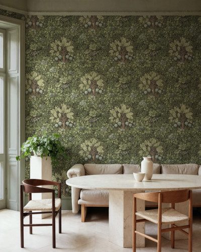 Fototapet cu design de copaci înfloriți și frunziș bogat, în nuanțe de verde, într-un living modern