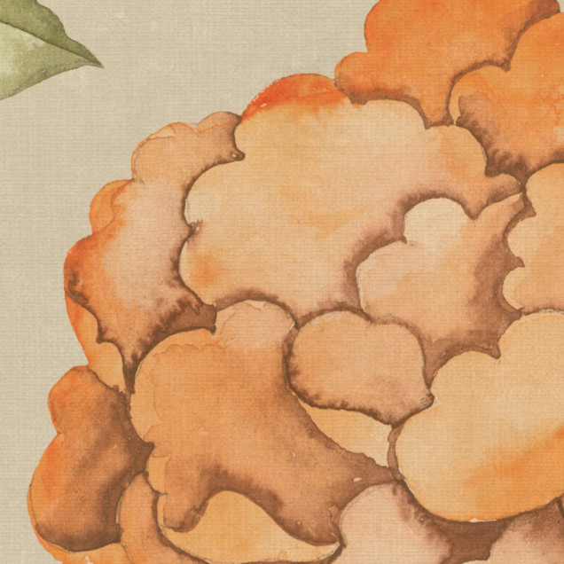 Tapet Chinoiserie Botanica cu flori galbene, pasari albastre si fluturi, aplicat pe peretele unui dormitor.