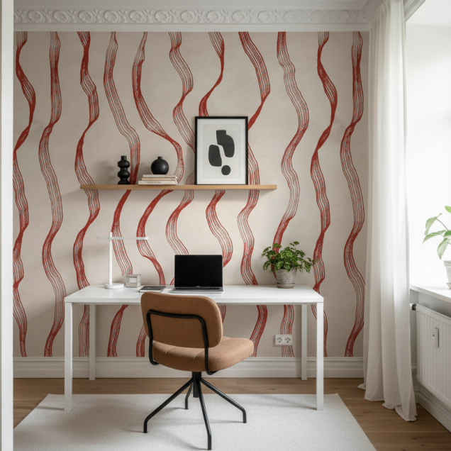 Tapet cu dungi roșii într-un interior modern