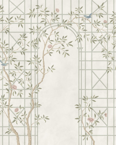 Fototapet cu design Chinoiserie Trellis, cu ramuri delicate și o structură de treliș, creând un aspect luminos și elegant.