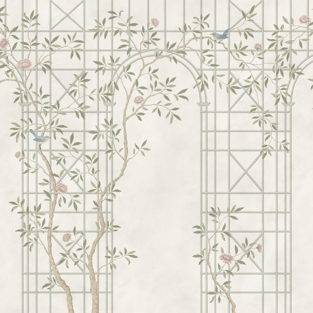 Fototapet cu design Chinoiserie Trellis, cu ramuri delicate și o structură de treliș, creând un aspect luminos și elegant.