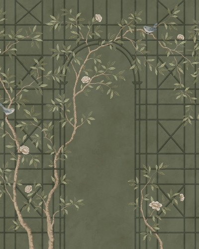 Tapet Chinoiserie cu design de pergolă verde, flori și păsări, într-un living modern.