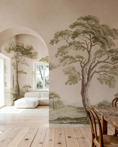 Tapet cu peisaj natural de copaci în nuanțe de roz, într-un interior modern.