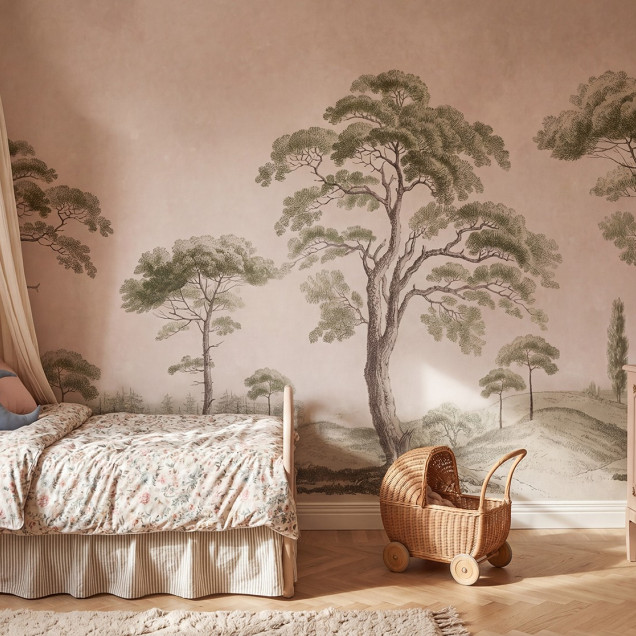 Tapet cu peisaj natural de copaci în nuanțe de roz, într-un interior modern.