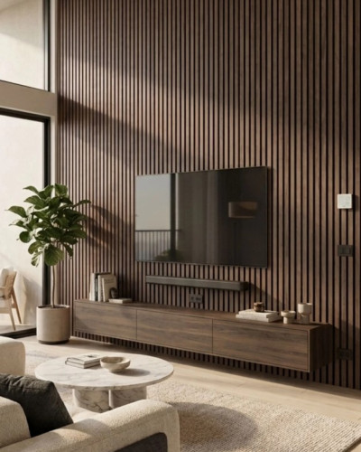 Panou acustic riflat Smoky Oak montat pe perete
