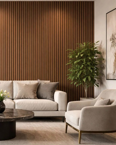 Panou acustic riflat Walnut montat pe perete