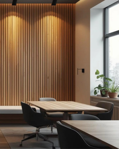 Riflaj decorativ WPC Champagne montat pe perete