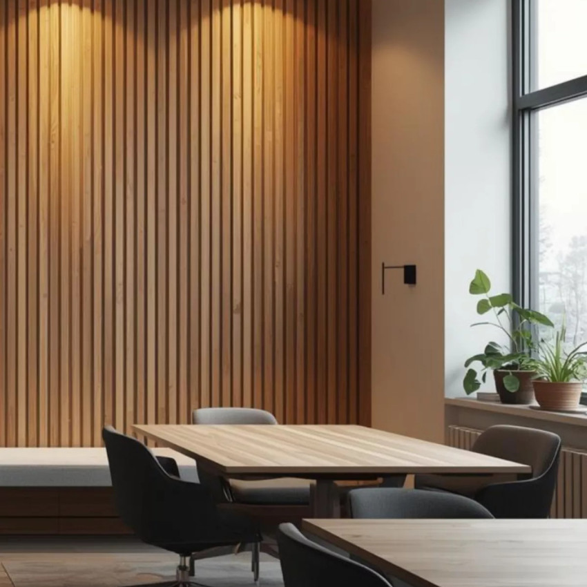 Riflaj decorativ WPC Champagne montat pe perete